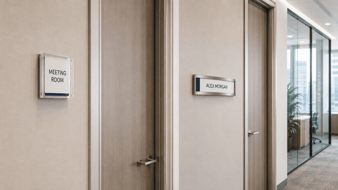 Acrylic and aluminum office door signs displayed in a modern office hallway.