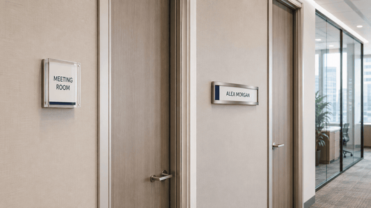 Acrylic and aluminum office door signs displayed in a modern office hallway.