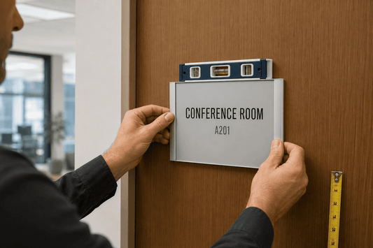 Installer mounting a 10 x 8.5-inch office door sign using a level