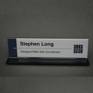 Double-sided office cubicle nameplate sign frame with aluminum base in black, angled view
