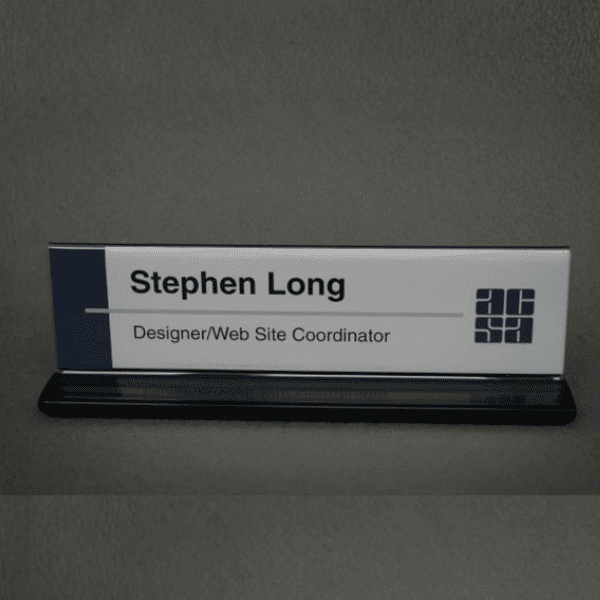 Double-sided office cubicle nameplate sign frame with aluminum base in black, angled view