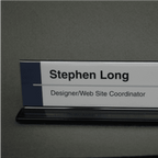 Double-sided office cubicle nameplate sign frame with aluminum base in black, alternate angled view