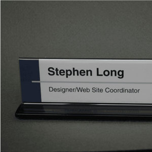 Double-sided office cubicle nameplate sign frame with aluminum base in black, alternate angled view
