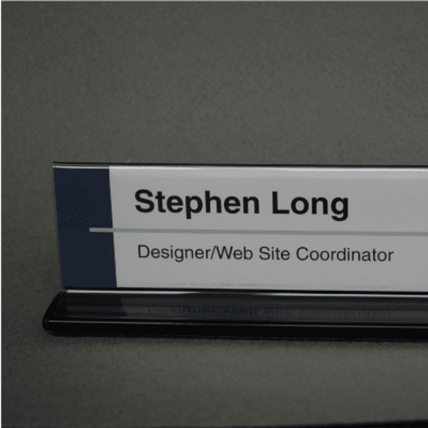 Double-sided office cubicle nameplate sign frame with aluminum base in black, alternate angled view