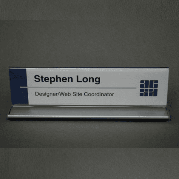 Double-sided office cubicle nameplate sign frame with aluminum base in satin silver, angled view
