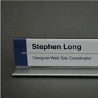 Double-sided office cubicle nameplate sign frame with aluminum base in satin silver, alternate angled view