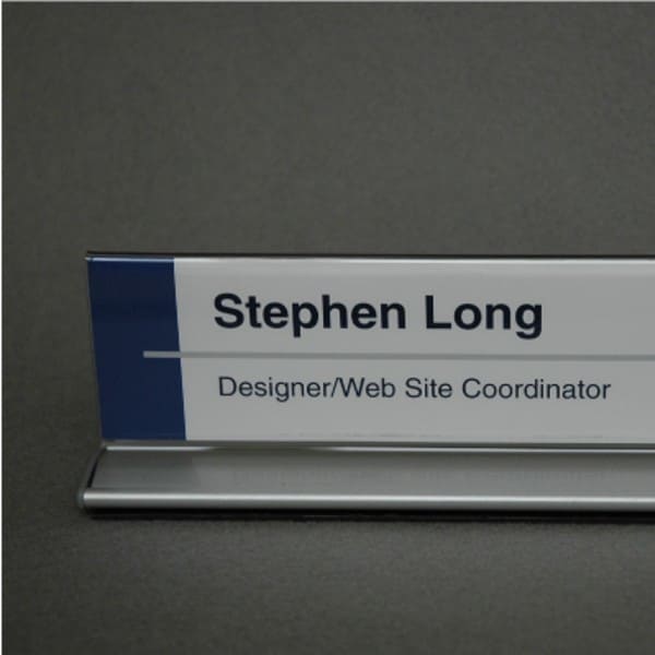 Double-sided office cubicle nameplate sign frame with aluminum base in satin silver, alternate angled view