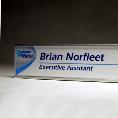 Flat aluminum office door nameplate with slide-in lens